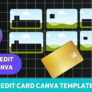 May include: A gold credit card template with a chip, set against a black grid background. The image includes several mock-up credit card designs with sky and landscape scenes. Text reads "DRAG AND DROP", "EASY EDIT IN CANVA", and "CREDIT CARD CANVA TEMPLATE".