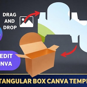 Könnte beinhalten: Grafik einer rechteckigen Box-Vorlage mit dem Text "RECTANGULAR BOX CANVA TEMPLATE". Das Bild enthält auch das Canva-Logo und die Wörter "DRAG AND DROP" und "EASY EDIT IN CANVA". Die Box ist braun und offen.