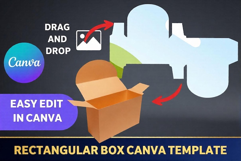 May include: A graphic showing a rectangular box template with the text "RECTANGULAR BOX CANVA TEMPLATE". The image also includes the Canva logo and the words "DRAG AND DROP" and "EASY EDIT IN CANVA". The box is brown and open.