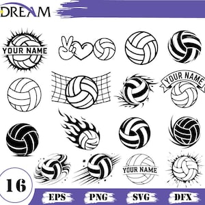 Puede incluir: Una colección de 16 gráficos en blanco y negro con temática de voleibol. Los diseños incluyen balones de voleibol con llamas, en redes y con texto como "YOUR NAME". La palabra "DREAM" está en la parte superior.