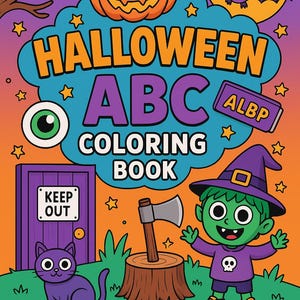 Könnte beinhalten: Ein Halloween-Malbuch-Cover mit einem Kürbis, einer Fledermaus und einer Hexe. Der Titel "HALLOWEEN ABC COLORING BOOK" ist in Orange und Lila dargestellt. Weitere Elemente sind eine Katze, eine Axt und der Text "KEEP OUT".