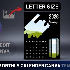 Könnte beinhalten: Schwarze Januar 2026 Kalendervorlage mit Landschaftsdesign. Der Kalender hat das Format Letter und ist einfach in Canva zu bearbeiten. Das Design umfasst eine weiß-grüne Landschaftsgrafik und ein monatliches Kalendarium.
