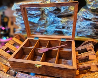 Wooden Spice Box with Glass Lid | Handmade Sheesham Masala Box | Kitchen Spice Organiser | Rustic Kitchen Storage | Housewarming Gift