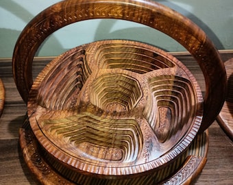 Cesta de frutas plegable de madera de sheesham hecha a mano / Cesta giratoria para servir frutos secos