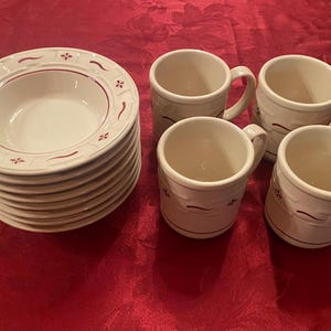Longaberger Pottery Woven Traditions Pattern 4 Coffee Cups and 8 Bowls Set