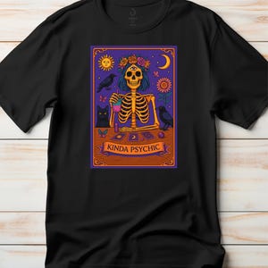 Psychic Skeleton Tarot Card T-Shirt: Unisex Halloween Softstyle Tee