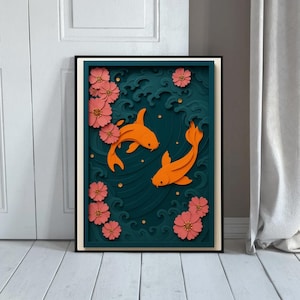 May include: Framed artwork featuring two orange koi fish swimming in teal water with pink flowers. The 3D paper art has a black frame and a white border, creating a layered effect. The artwork is displayed against a white door and a gray curtain.