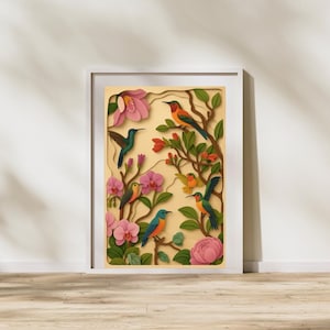 Puede incluir: Obra de arte enmarcada con pájaros coloridos posados en ramas con flores rosas. Los pájaros tienen plumas naranjas, azules, verdes y amarillas. El fondo es de color amarillo claro y el marco es blanco. Diseño de corte de papel.
