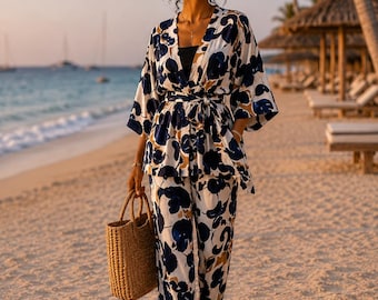 Floral Wide Leg Pants & Kimono Lounge Set,Navy cream 4 in 1