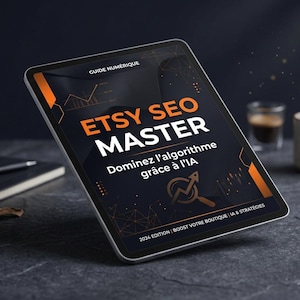 May include: A digital tablet displaying the title "ETSY SEO MASTER" in orange and white text. The tablet's screen features the text "Dominez l'algorithme grâce à l'IA" and "2024 EDITION". The background is dark with orange geometric shapes.