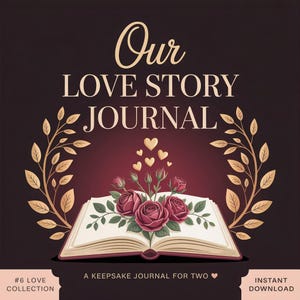Peut inclure: Une couverture de journal marron avec les mots "Our Love Story Journal" en écriture élégante. Le livre ouvert présente des roses rouges et des accents dorés. Le texte "A Keepsake Journal for Two" est également visible. L'image comprend le texte "Instant Download".