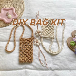 Zestaw do samodzielnego wykonania torby na telefon, torebka na ramię z makramy dla początkujących, materiał w kolorze khaki