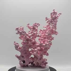 May include: A pink, coral-like sculpture with a complex, branching structure. The artwork is mounted on a white base, which sits atop a black rotating platform. The sculpture's color is a soft, pastel pink.