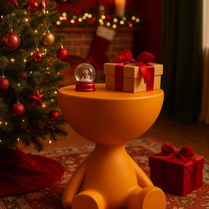 Può includere: Un tavolino decorativo arancione con una palla di neve a pupazzo di neve e un regalo avvolto con un fiocco rosso. Un albero di Natale con ornamenti rossi e un tappeto rosso sono sullo sfondo. Il tavolo ha un design unico.