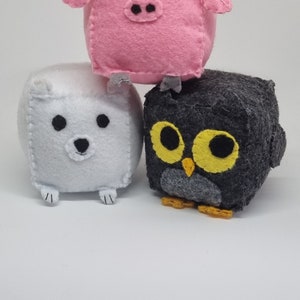 Felt cube animals block toy plushie stuffy owl, polar bear or pig