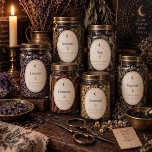 May include: Six clear glass jars with brass-toned lids, each containing dried herbs or spices labeled Lavender, Rosemary, Sage, Cinnamon, Chamomile, and Mugwort. A pair of brass scissors, a lit candle, and a small note reading Small Herbs Big Magic.