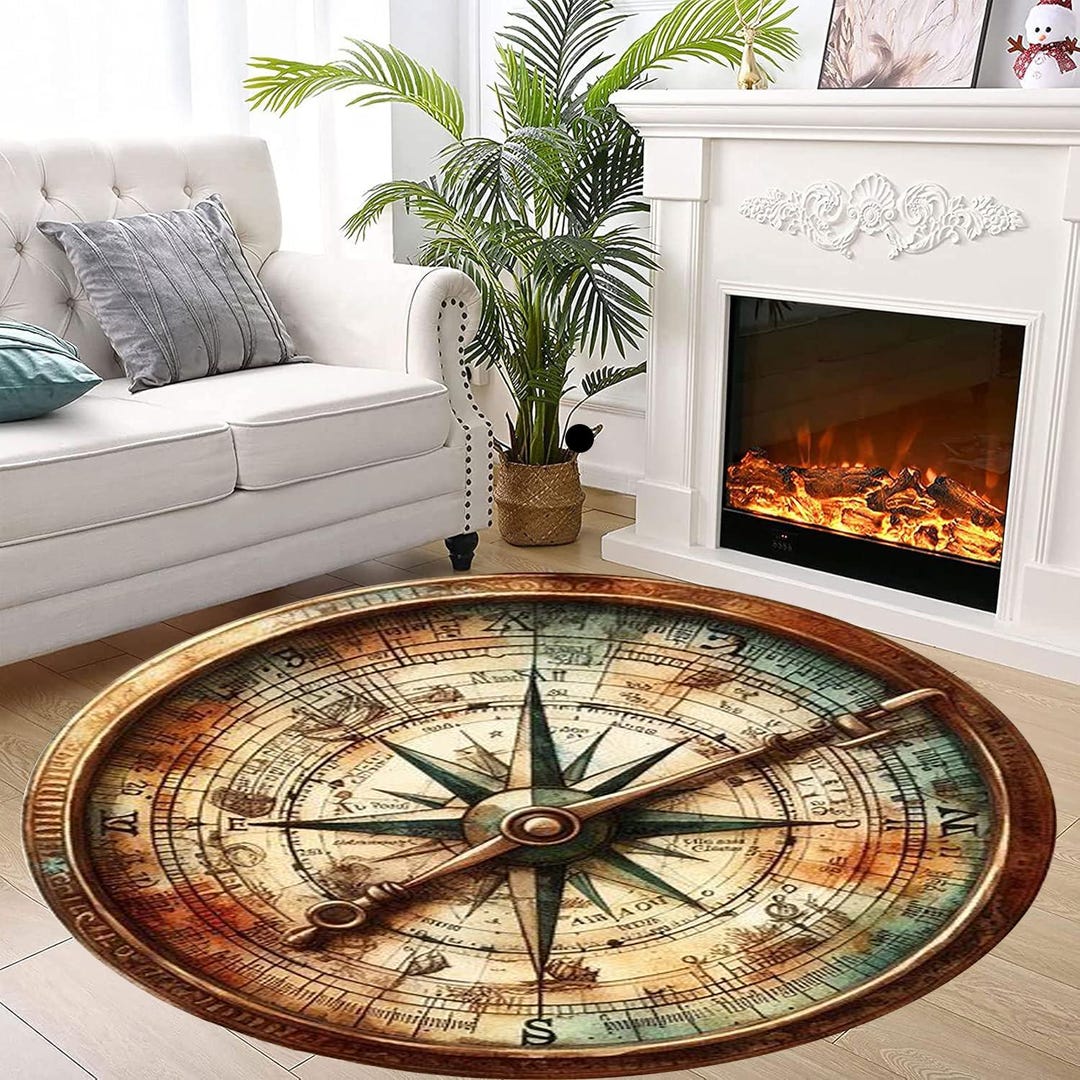 Vintage Nautical Compass Round Rug, Antique World Map Design for ...