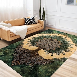 Tree of Life Rug, Green Gold Celtic Carpet – Bohemian Mandala Area Rug for Living Room, Bedroom, Meditation Space, Mystical Nature Inspired