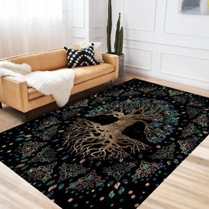 Tree of Life Rug, Green Gold Celtic Carpet – Bohemian Mandala Area Rug for Living Room, Bedroom, Meditation Space, Mystical Nature Inspired
