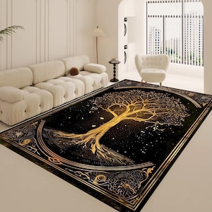 Tree of Life Rug, Green Gold Celtic Carpet – Bohemian Mandala Area Rug for Living Room, Bedroom, Meditation Space, Mystical Nature Inspired