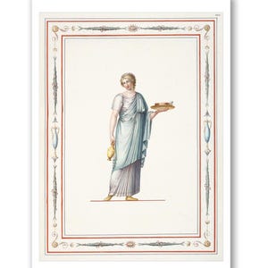 Roman Lady Art Print - Woman in classical dress holding vase and platter of food. (1783) Pierre-Jean Mariette