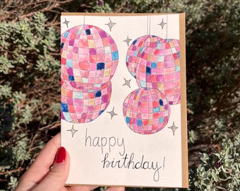 Disco Ball Birthday Card | Hand Painted Watercolor | Retro Handmade Greeting Card for Friend