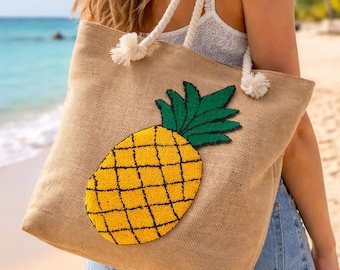 Handmade Pineapple Tote Bag – Summer Beach Bag – Boho Jute Bag – Eco Friendly Shoulder Bag – Tropical Gift for Women