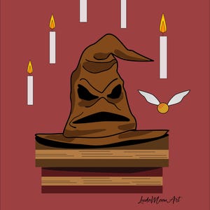 May include: Illustration of the Sorting Hat from the Harry Potter series, with a stern expression, atop a stack of books. Four candles with lit flames and a golden snitch are also depicted against a red background. The artwork is signed "JudoMoon Art."