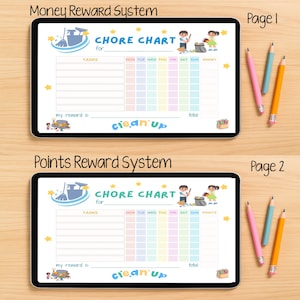 May include: Two digital chore charts, one for money rewards and one for points, displayed on tablets. Each chart features a colorful grid for tracking tasks, with illustrations of children and cleaning supplies. The text "CHORE CHART" is prominent.
