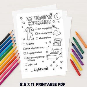 May include: A black and white printable bedtime checklist with illustrations of pajamas, a toothbrush, a bed, and stars. The checklist includes tasks like brushing teeth and reading a story. The text "MY BEDTIME CHECKLIST" is at the top, and the size is 8.5 x 11 inches.