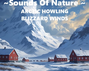 Può includere: Un paesaggio invernale con montagne innevate e case rosse. L'immagine include il testo "Sounds Of Nature", con i sottotitoli "Arctic Howling" e "Blizzard Winds", che suggeriscono un prodotto a tema natura.