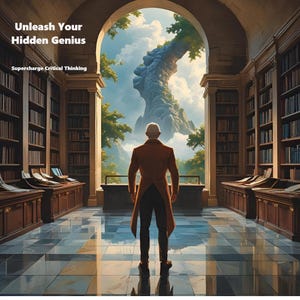 May include: An artistic rendering of a library with a man in a brown coat looking out a large arched window. The text "Unleash Your Hidden Genius" and "Supercharge Critical Thinking" are at the top.