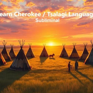 May include: An image of a sunset over a field with several teepees. The text "Learn Cherokee / Tsalagi Language Subliminal" is at the top. Two figures stand in the foreground, and a horse is in the distance.