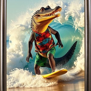 Gator Surfer Wall Art ~ Gator Surfing Photographic Style Coastal Decor Beach Wall Art Whimsical Ocean Scene Digital Print Instant Download