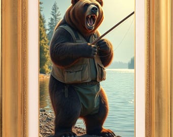 Konsttryck med grizzlybjörnsfiske: Rolig illustration av vilda djur (digital nedladdning)