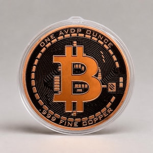 A copper-colored Bitcoin round encased in a clear plastic protective capsule. It features a prominent Bitcoin symbol in the center against a black textured background, with the text ONE AVDP OUNCE and 999 FINE COPPER.