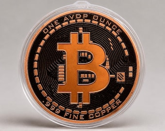 Könnte beinhalten: Eine runde, kupferfarbene Bitcoin-Münze in einer durchsichtigen Kunststoff-Schutzkapsel. Die Münze zeigt ein markantes Bitcoin-Symbol in der Mitte vor einem schwarzen, texturierten Hintergrund sowie den Text ONE AVDP OUNCE und 999 FINE COPPER.