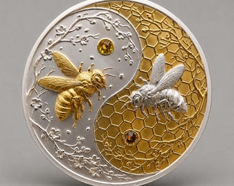Peut inclure: Un médaillon circulaire présentant un motif yin-yang. Un côté est argenté avec une abeille dorée et des branches de cerisier. L'autre côté est doré avec une abeille argentée et un motif en nid d'abeille. Deux cristaux ambrés sont incrustés.