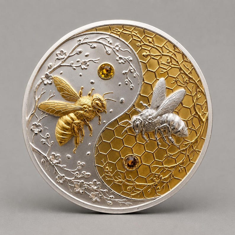 Harmony Bee copper round, obverse side, showing a yin-yang design of two detailed bees, one gold-gilded and one silver-gilded, over a honeycomb pattern with floral engraving and gemstone-style accents.