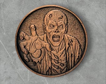 Moneda de cobre de 1 onza con diseño de zombi / Arte de terror "Graveyard Rising" (999 milésimas de pureza), moneda de Halloween.