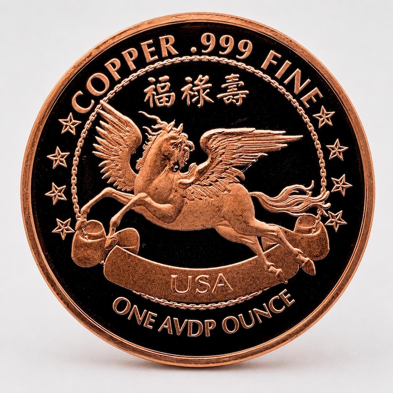 Reverse of the 2026 Year of the Horse Chinese Zodiac round, 1 AVDP ounce .999 fine copper, showing a winged Pegasus in flight carrying lanterns among stars with the Chinese characters for prosperity, fortune and longevity and COPPER .999 FINE lettering.