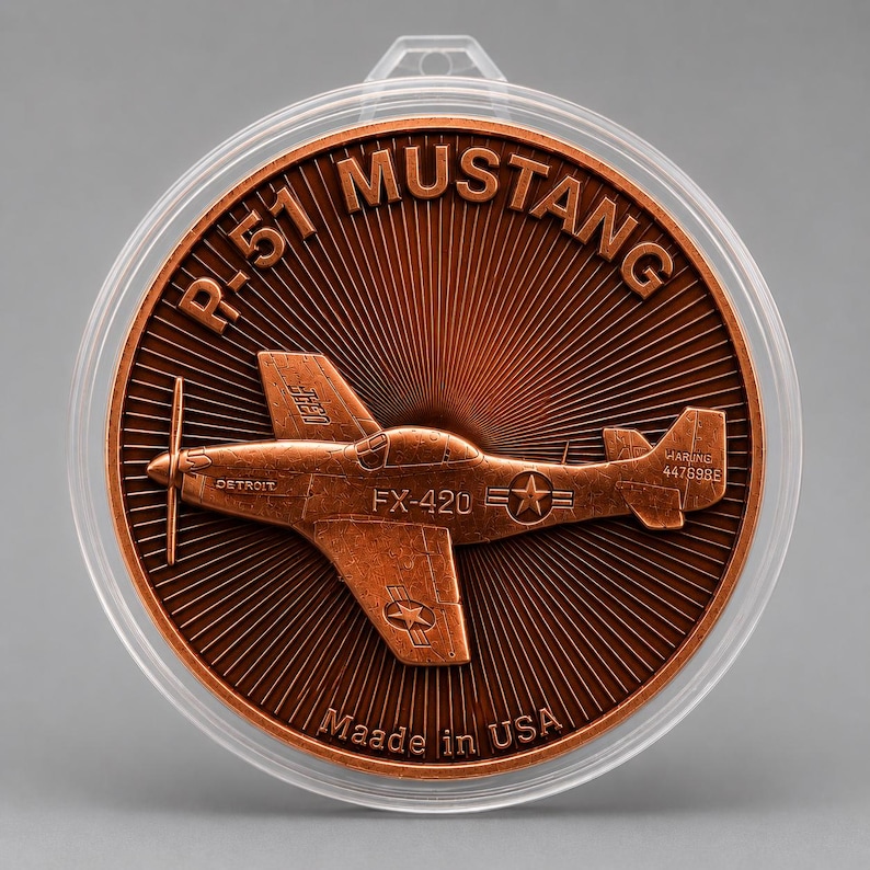 Front of a 1 oz .999 fine copper round featuring an embossed P-51 Mustang WWII fighter aircraft in flight, housed in a clear protective capsule, on a gray background.