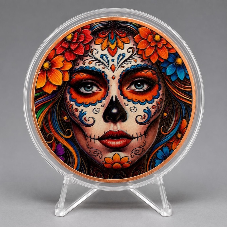 Colorized sugar skull 5 oz .999 fine copper legal tender coin featuring a Day of the Dead woman with vibrant floral artwork