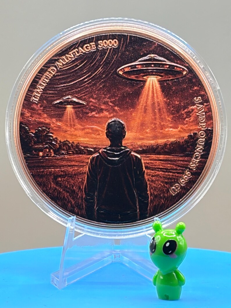 Premium 5 oz copper collectible depicting a UFO abduction scene with illuminated crop circles and vibrant sci-fi artwork.