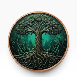 May include: A circular copper-toned medallion featuring a detailed relief of a tree with sprawling roots and a dense canopy. The background is a deep, vibrant green, depicting a forest landscape with jagged, mountain-like rock formations.