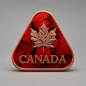 May include: A triangular copper-toned pin featuring a raised metallic maple leaf at the center. The background displays a deep red pattern of overlapping maple leaves. The word CANADA is embossed in metallic lettering at the bottom of the pin.