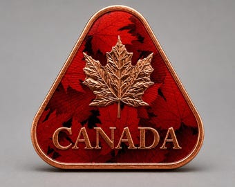 May include: A triangular copper-toned pin featuring a raised metallic maple leaf at the centre. The background displays a deep red pattern of overlapping maple leaves. The word CANADA is embossed in metallic lettering at the bottom of the pin.
