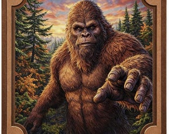 Puede incluir: Un cuadro cuadrado con marco de madera que presenta una ilustración detallada de una criatura Bigfoot marrón y peluda extendiendo la mano. El fondo muestra un bosque denso con pinos altos y follaje otoñal bajo un cielo de tonos anaranjados.