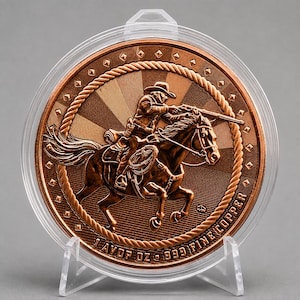 1 oz .999 fine copper round featuring a detailed cowboy on horseback design with rope border, displayed in a protective capsule on a stand.