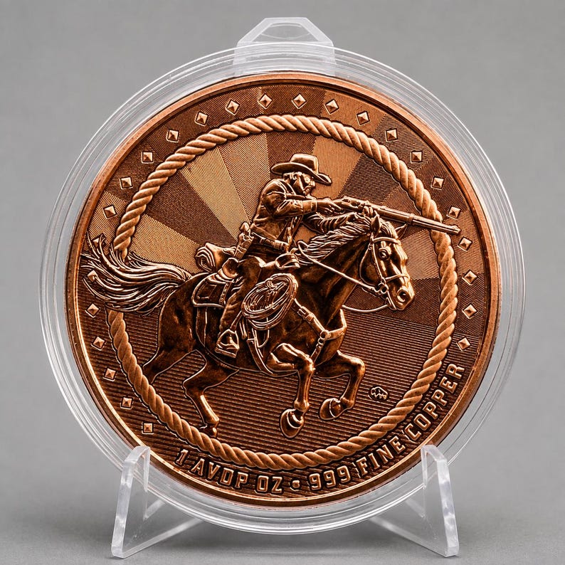 1 oz .999 fine copper round featuring a detailed cowboy on horseback design with rope border, displayed in a protective capsule on a stand.
